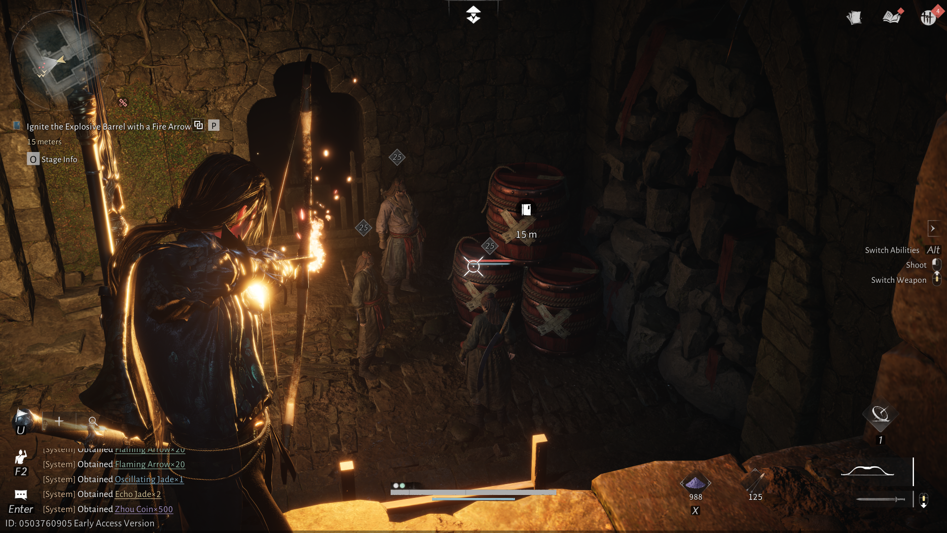 Aiming a fire arrow at some explosive barrels - which just happen to be sat next to some bandits - in Where Winds Meet. - 6