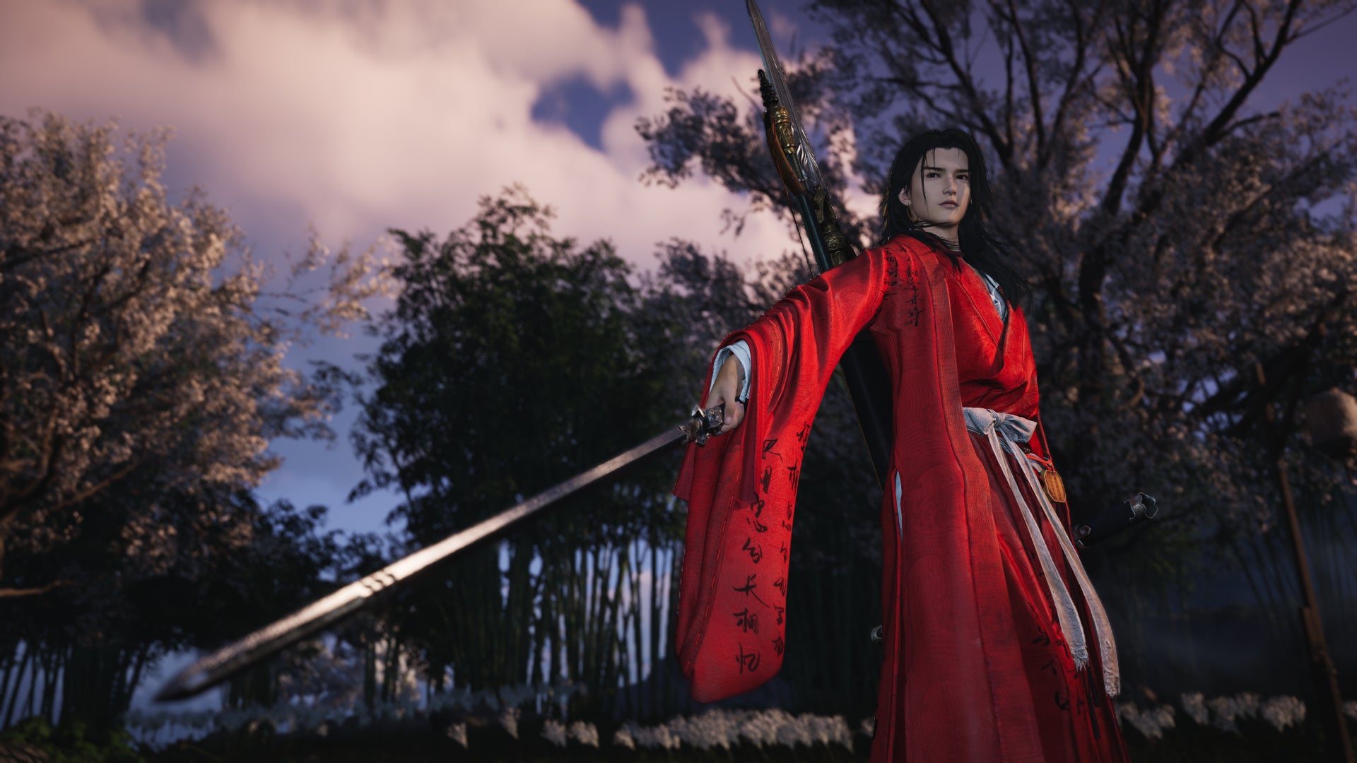 Striking a sword-wielding pose in Where Winds Meet's photo mode. - 1