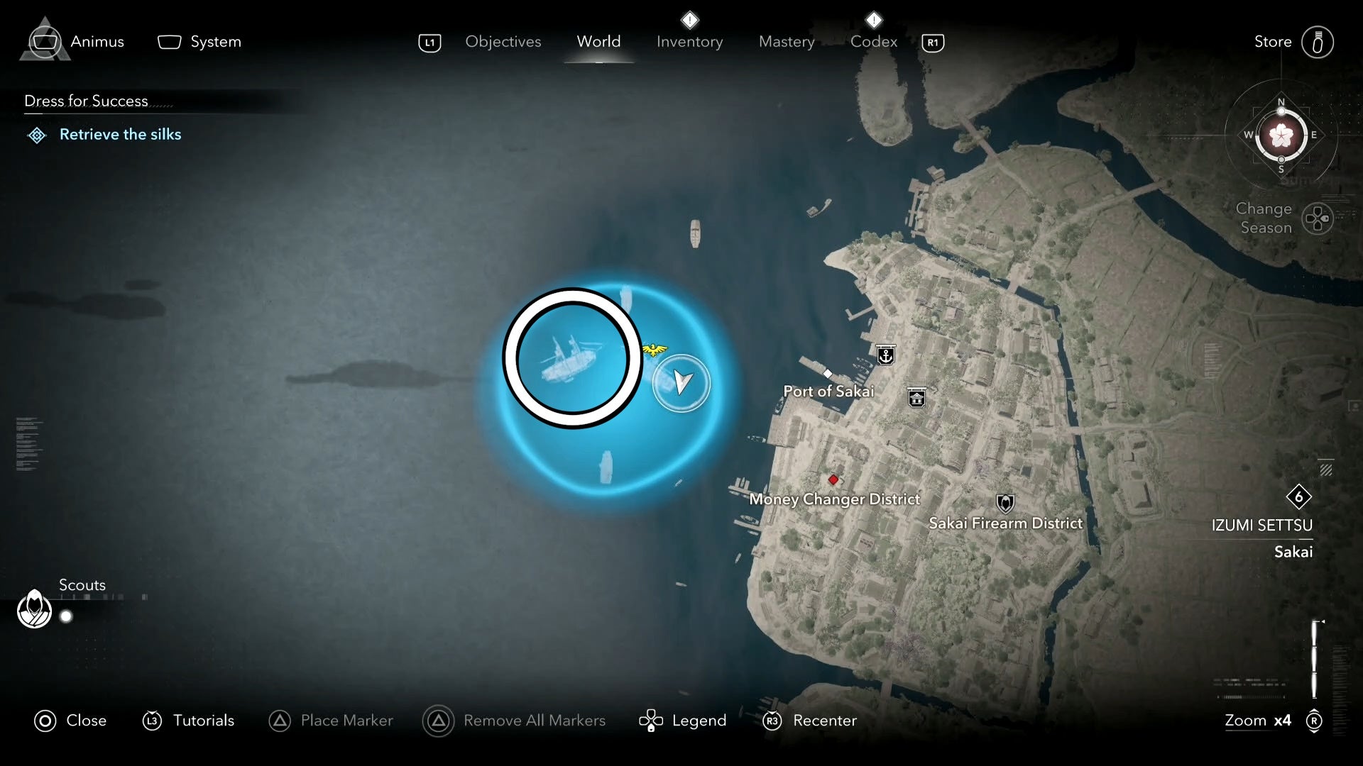 A white circle marking the silks location in the Dress for Success quest in Assassin&rsquo;s Creed Shadows.