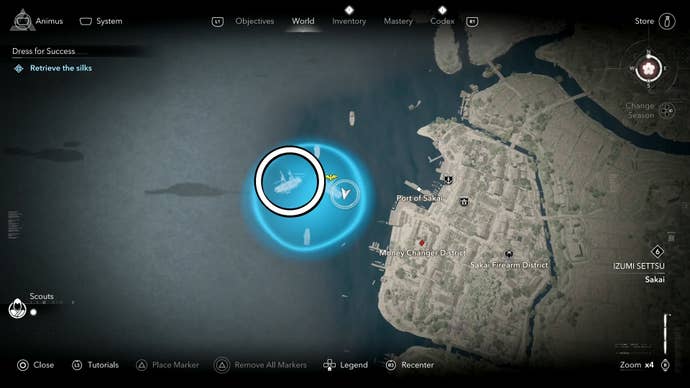 A white circle marking the silks location in the Dress for Success quest in Assassin’s Creed Shadows.