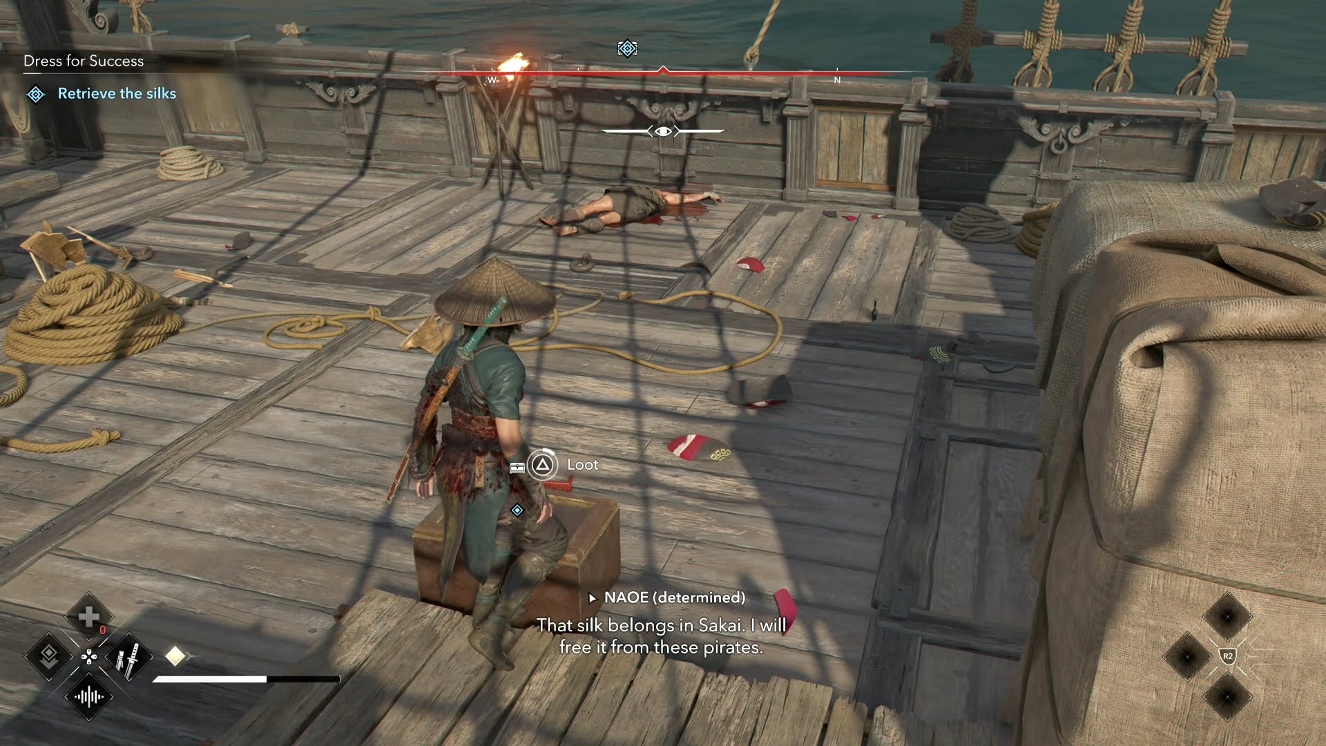 Naoe looking at a box on a ship in Assassin&rsquo;s Creed Shadows.