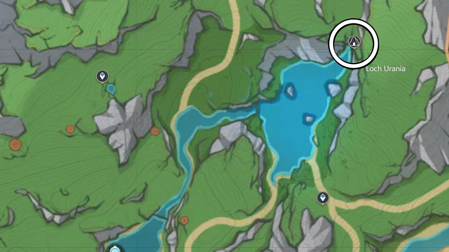 map image of a cave entrance near lock urania in fontaine