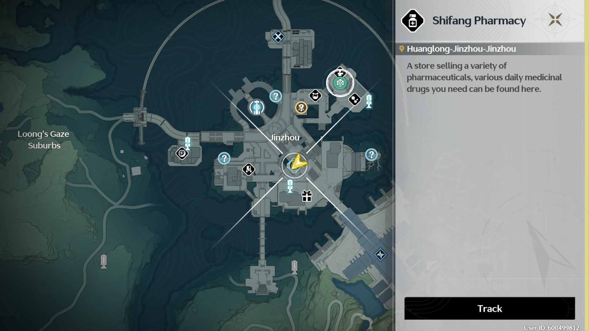 Map of Jinzhou city with the decription for Shifing Pharmacy displayed.