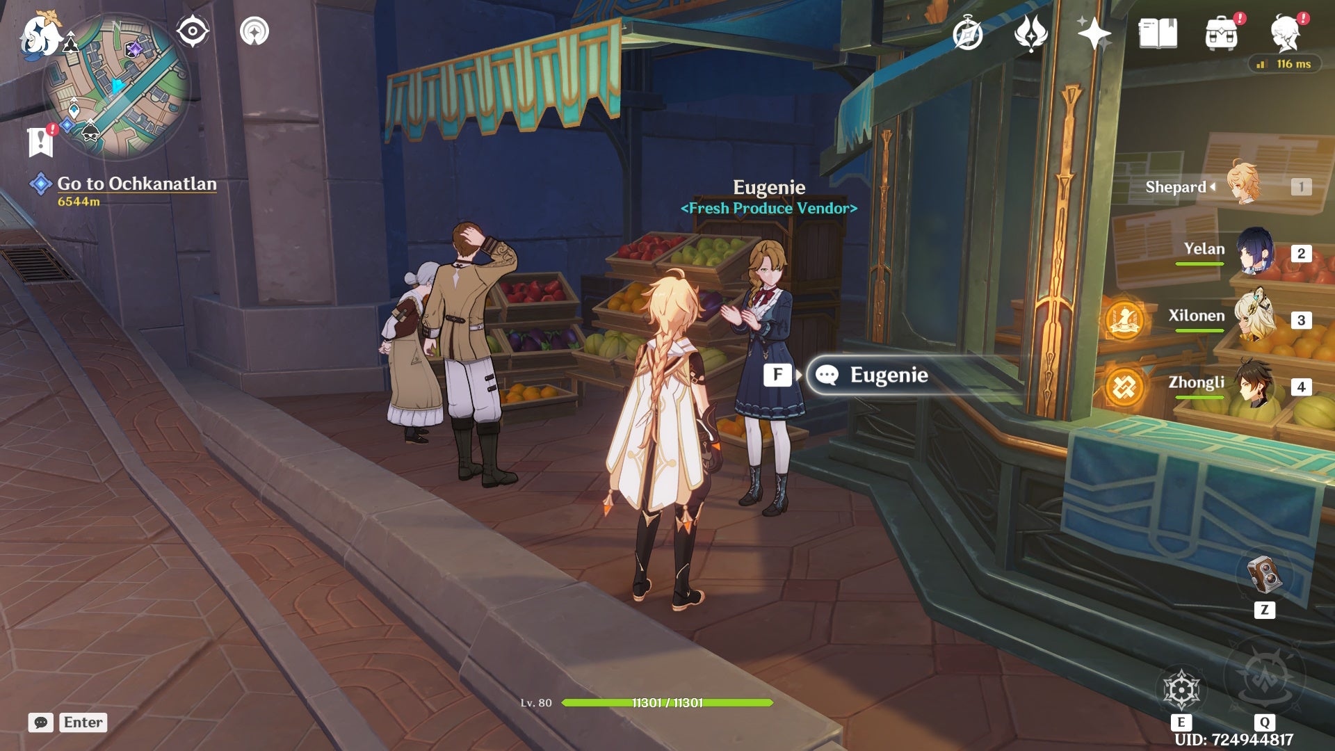 Aether standing in front of shopkeeper Eugenie in Genshin Impact.