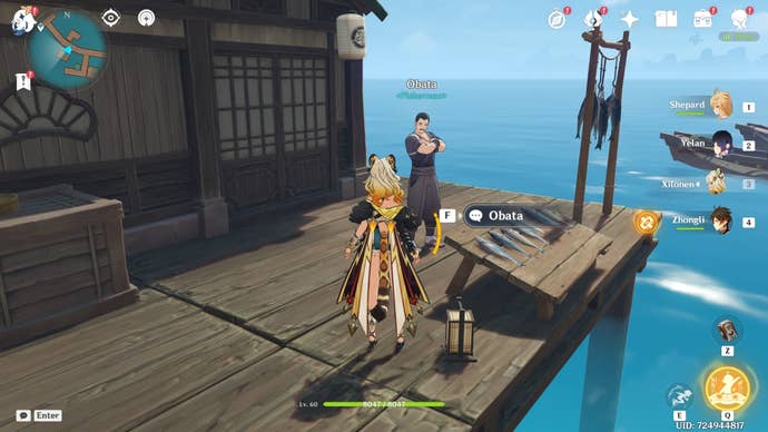 Xilonen looking at Obata in Genshin Impact.