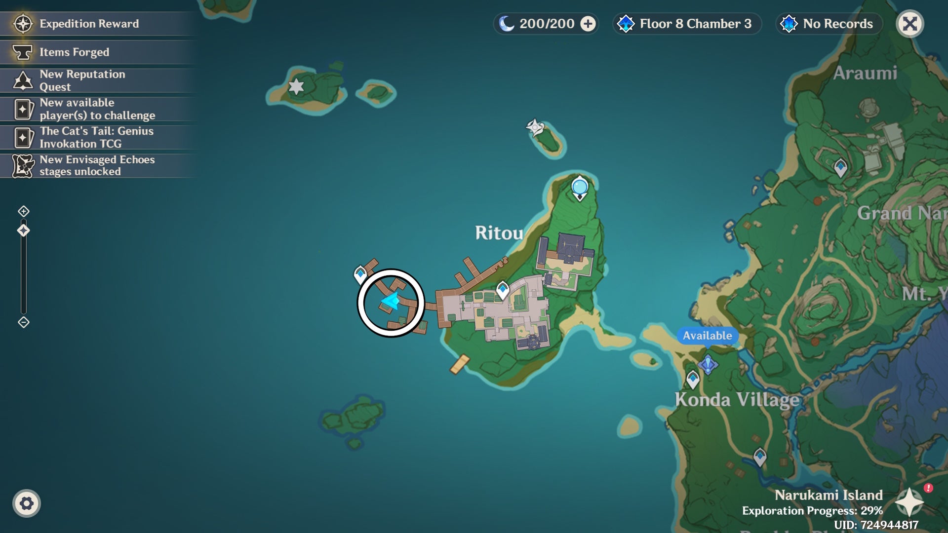 Circled map view of Obata&rsquo;s location in Genshin Impact.