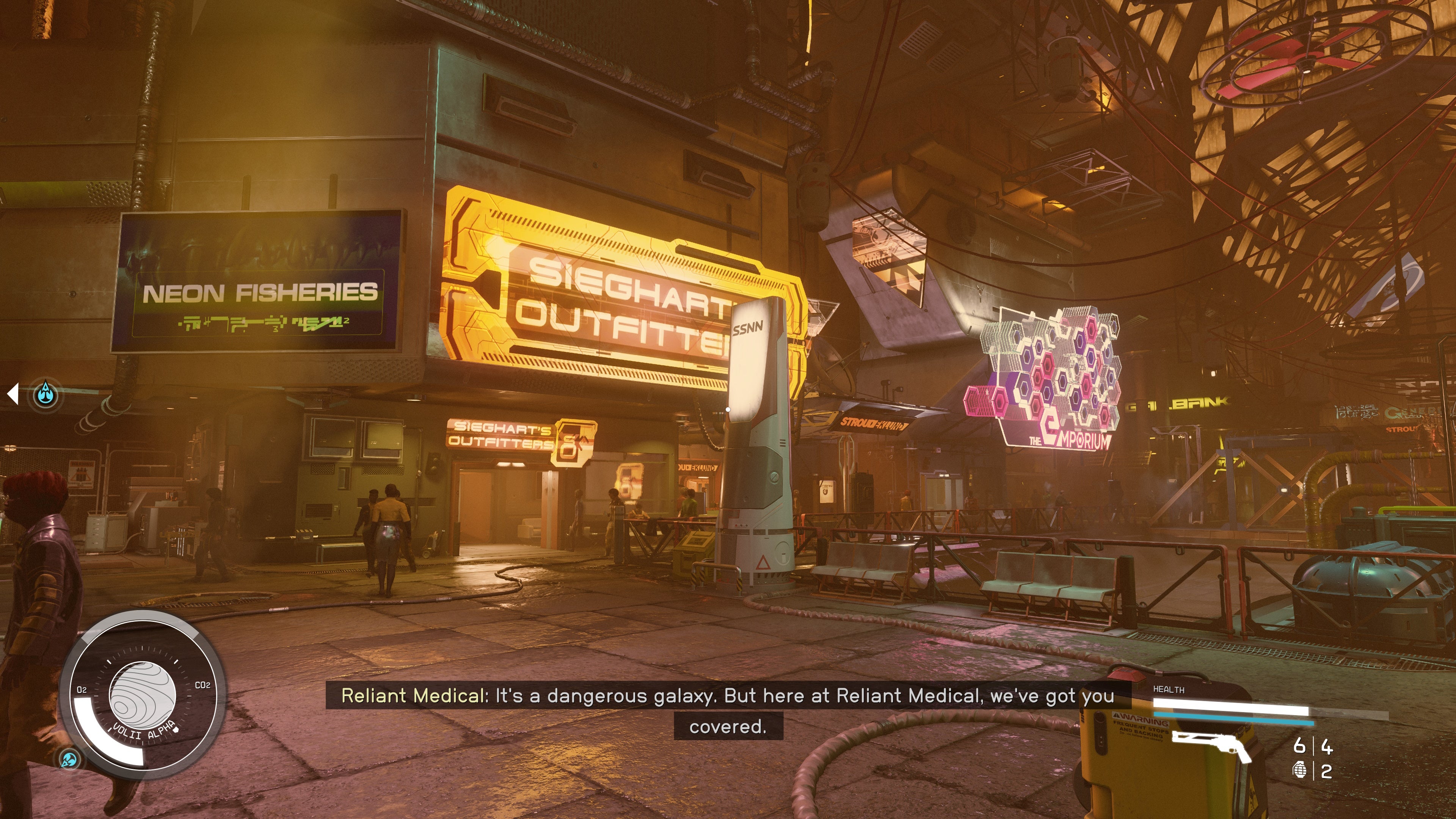 first person view of neon shop