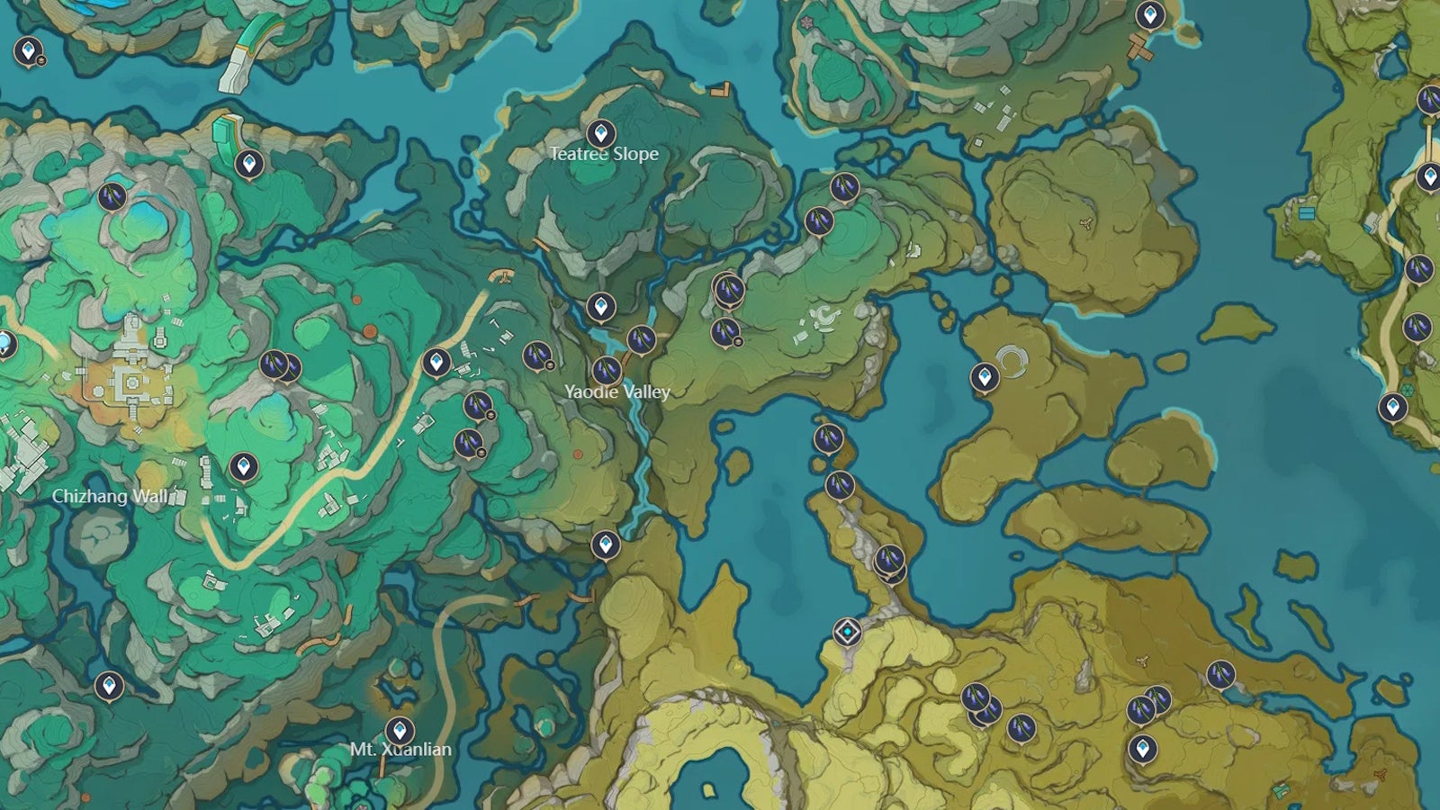 Southern Chenyu Vale map showing Violetgrass locations in Genshin Impact.