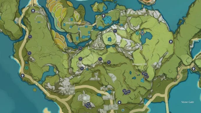 Qingce Village map showing Violetgrass locations in Genshin Impact.