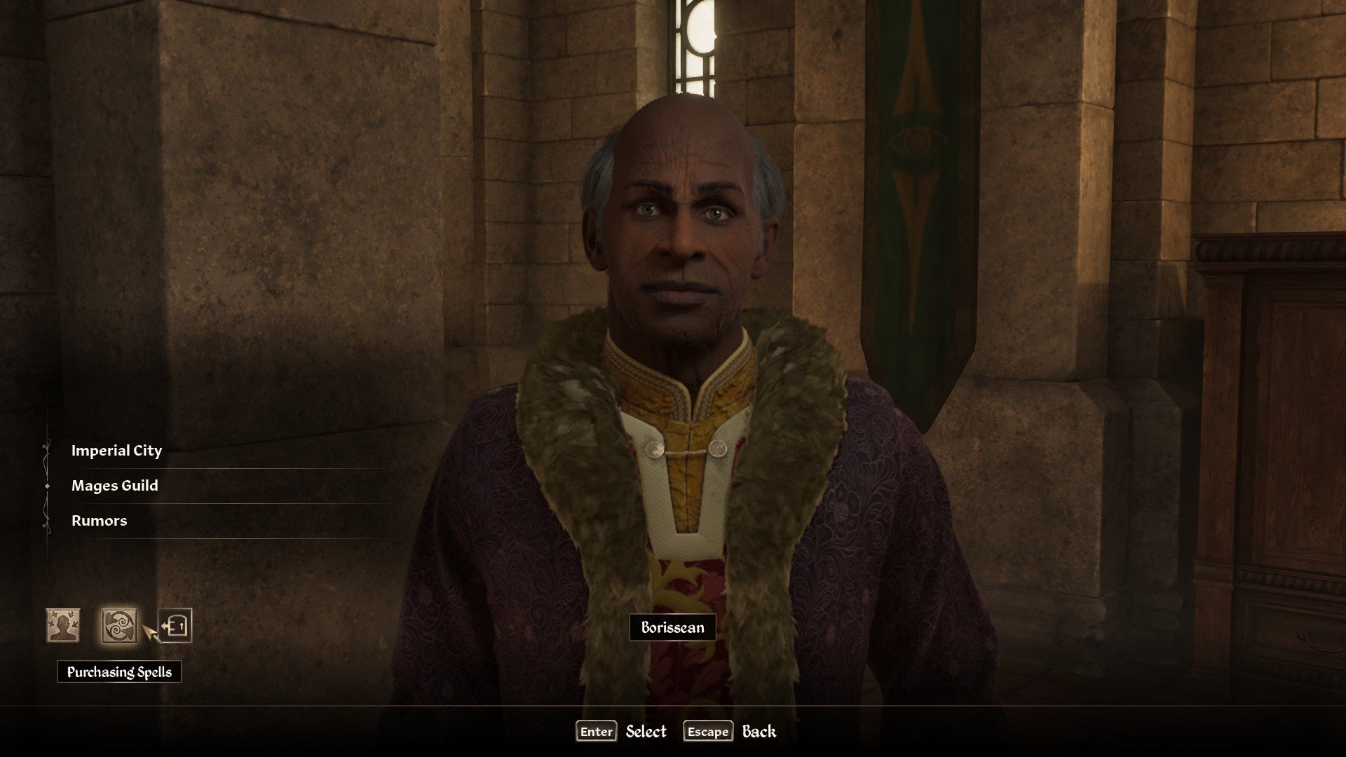 Talking to a merchant who sells spells in Oblivion Remastered.