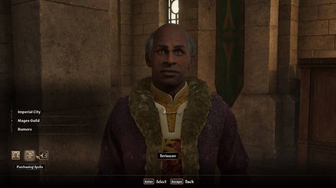 Talking to a merchant who sells spells in Oblivion Remastered.