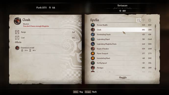 Spell merchant menu in Oblivion Remastered.