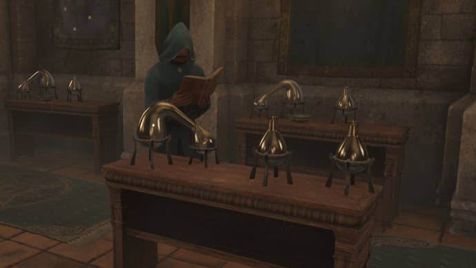 A mage reading behind alchemical equipment in Oblivion Remastered.