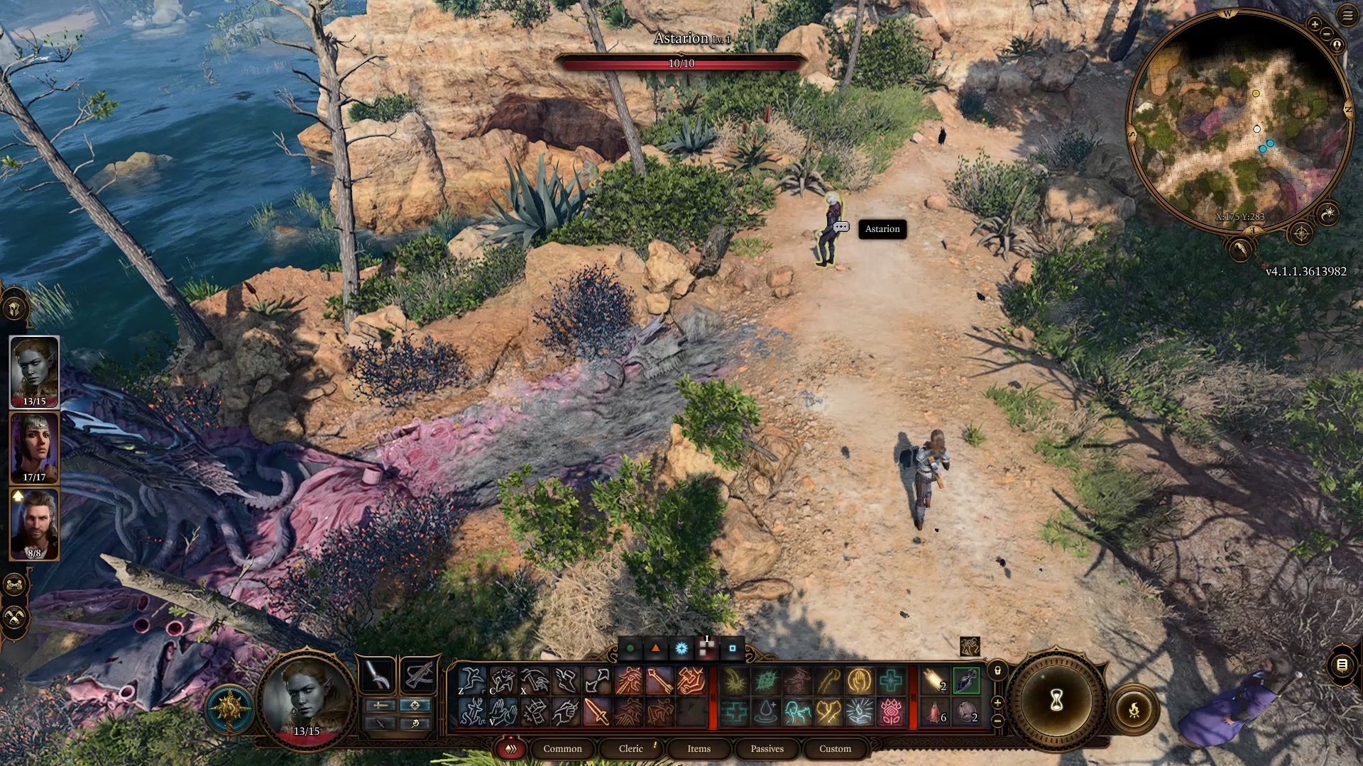 Cursor hovered over Astarion on a sandy road.