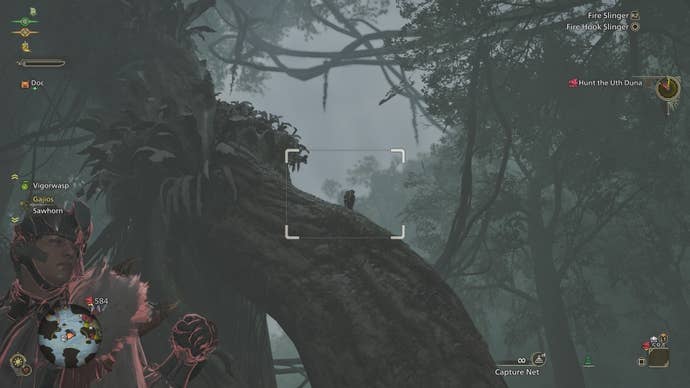 A Dapperwing perched on a tree trunk during a downpour in Monster Hunter Wilds.