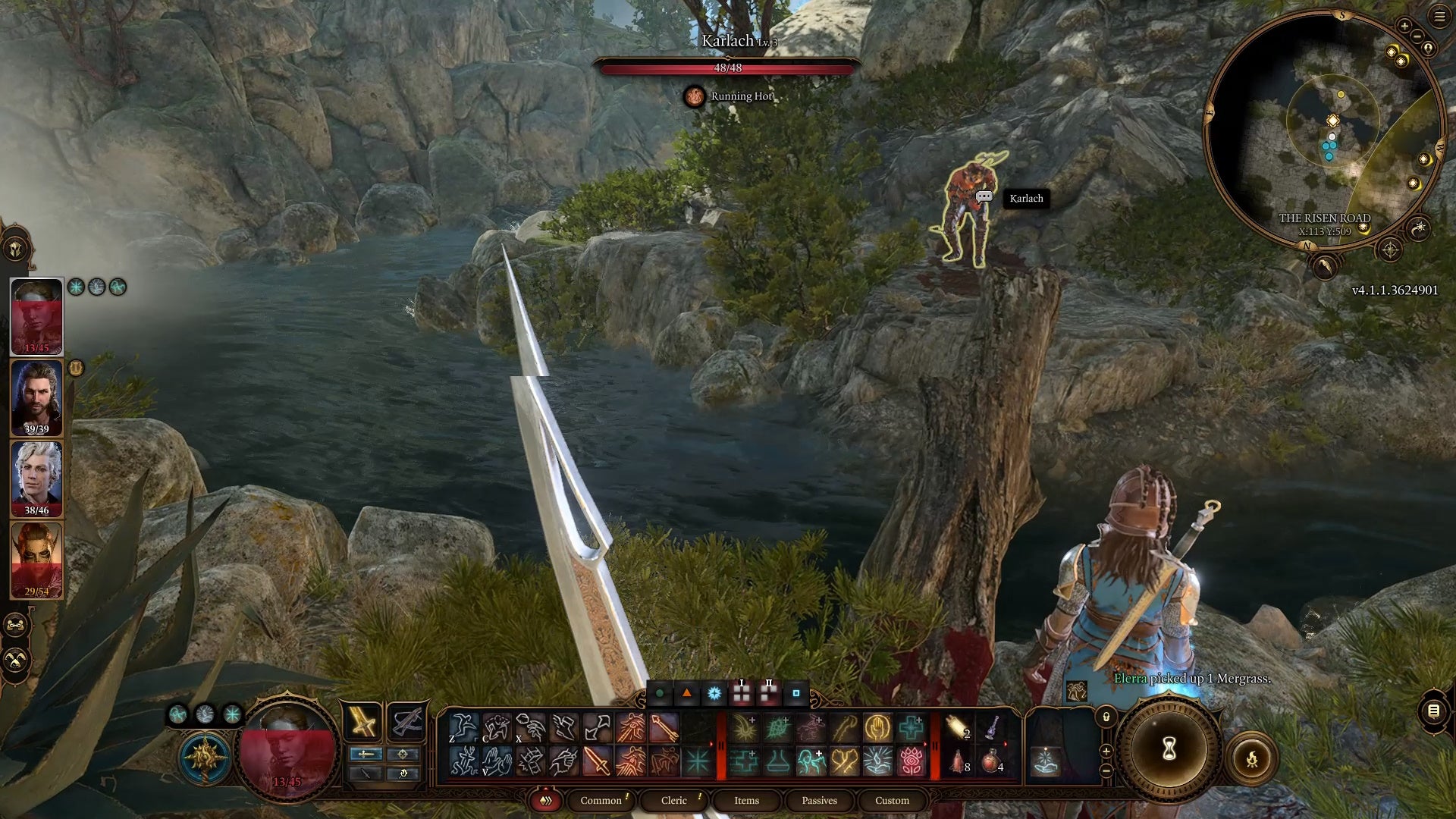 Cursor hovered over Karlach standing across a stream and fallen wooden log.