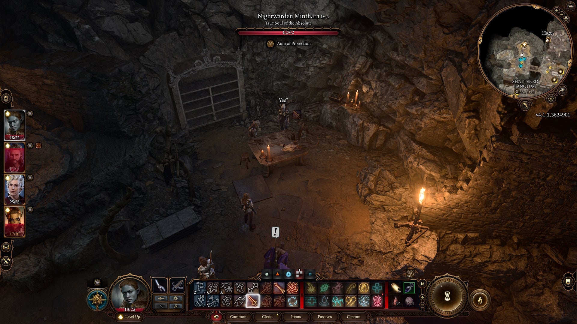 Cursor hovered over Minthara behind a desk in a dark room.