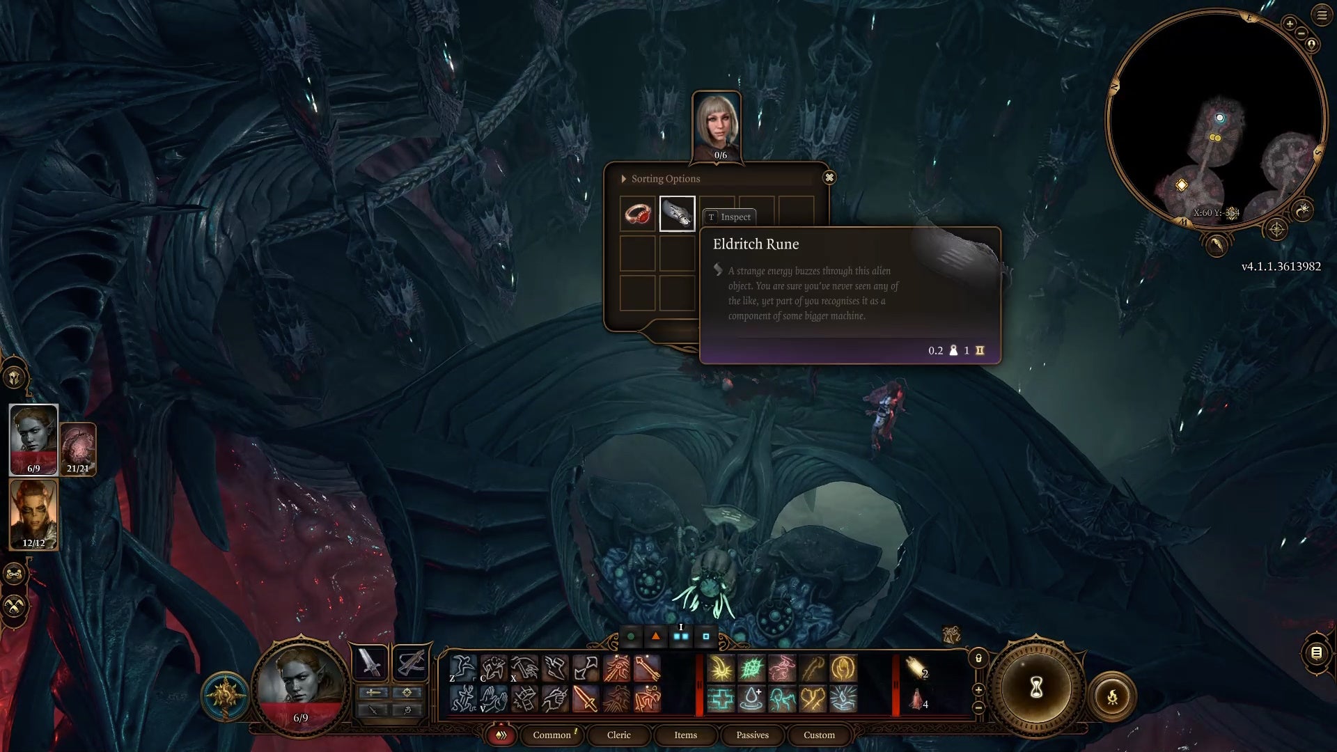 Small oot menu showing an eldritch rune item in a dark room.