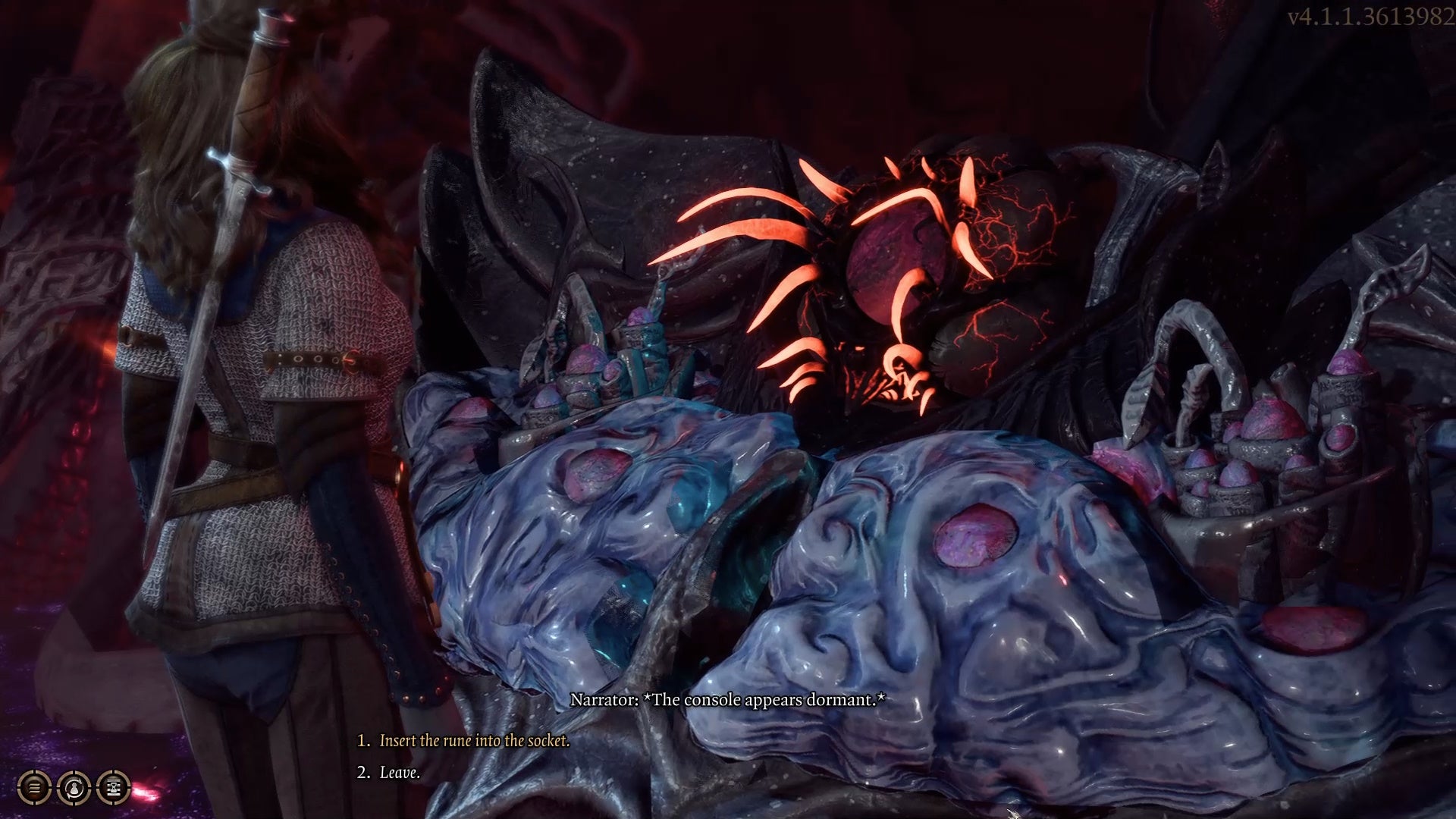 Drow character deciding to insert a run into an alien-looking console.