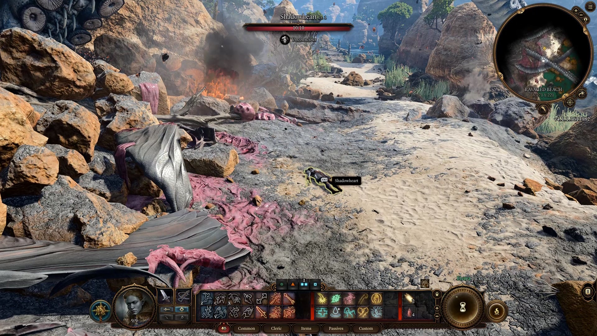 Cursor hovered over shadowheart as she lays unconscious on a beach crash site.