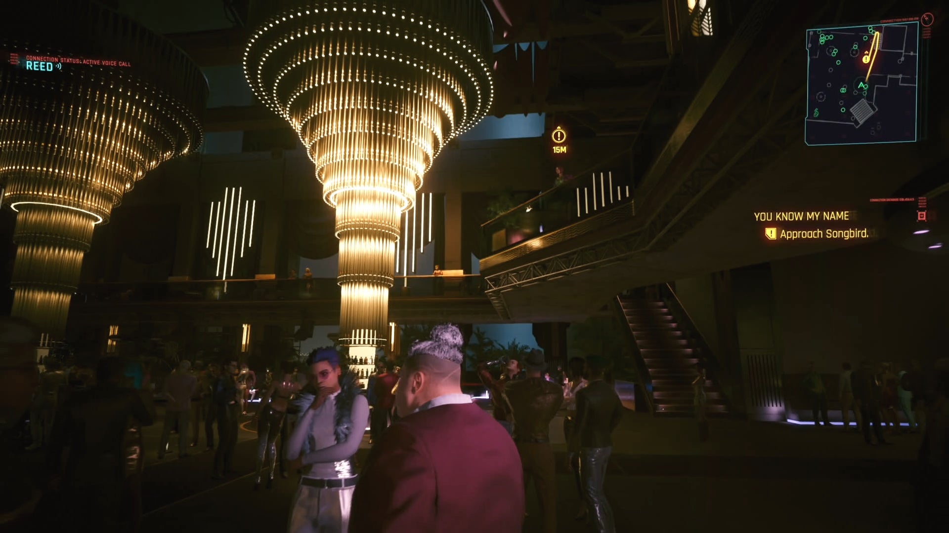 first person view of looking at songbird on a balcony at black diamond party