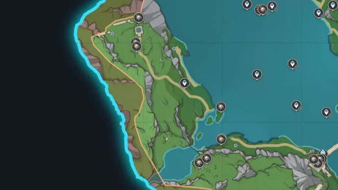 map of the mont esus east region with subdetection unit materials and teleport waypoints marked