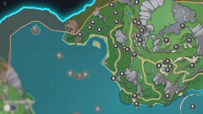 map of the cnew fontaine research intitute region with subdetection unit materials and teleport waypoints marked