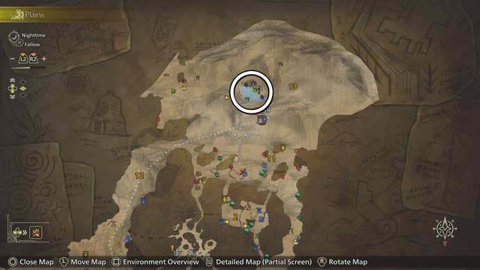Circled map view of a Tracktail Lizard location in Monster Hunter Wilds.
