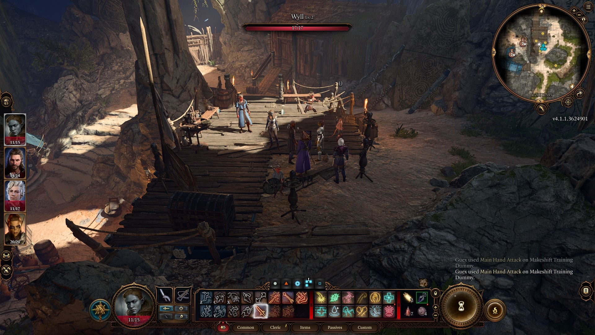 Cursor hovered over wyll at a combat training area in a cave.