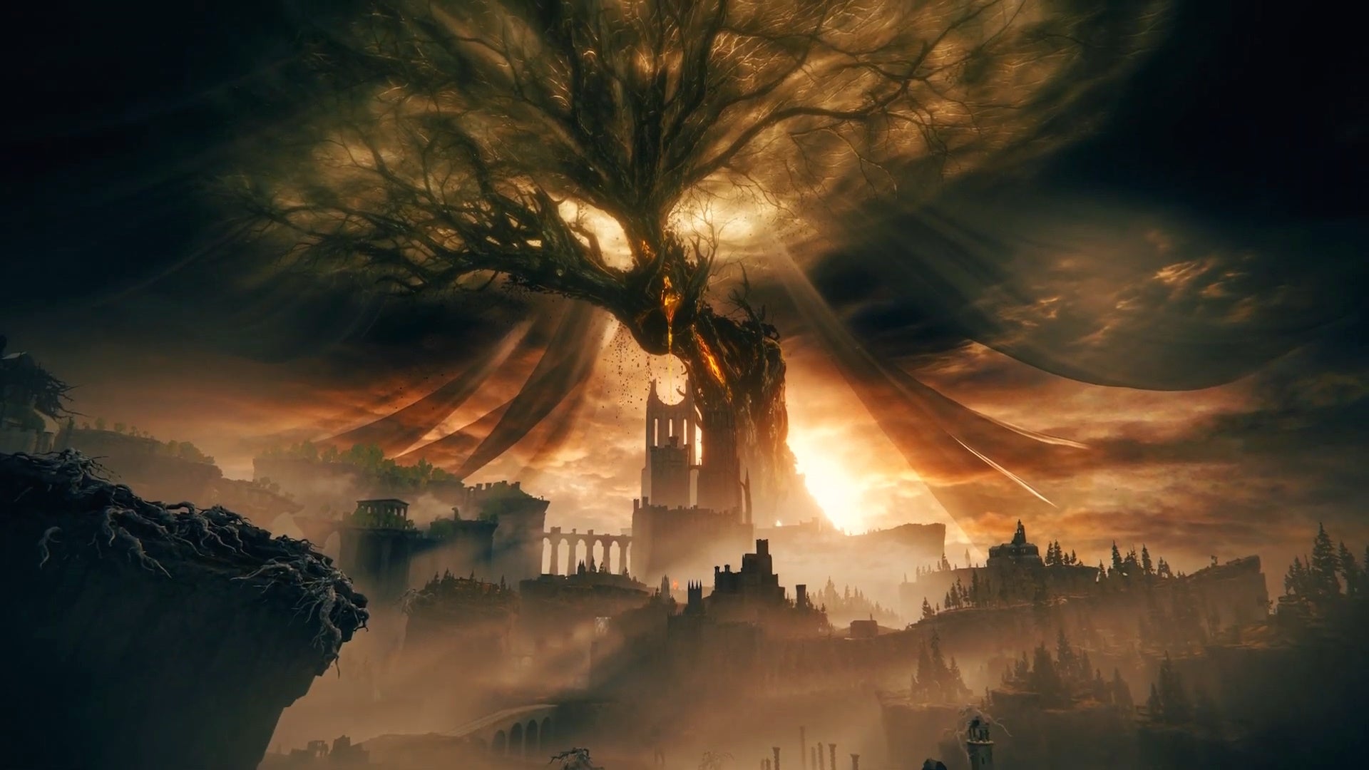 Elden Ring trailer screenshot of a darkened Erdtree i the distance.