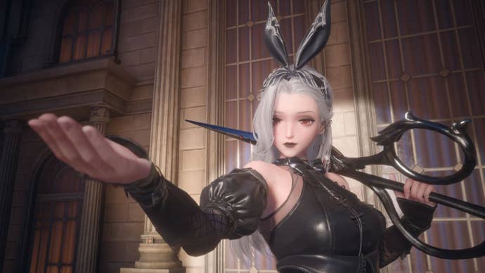 Aderinna the Sovereign of Cool in Infinity Nikki holding a giant pair of scissors and beckoning with an outstretched hand.