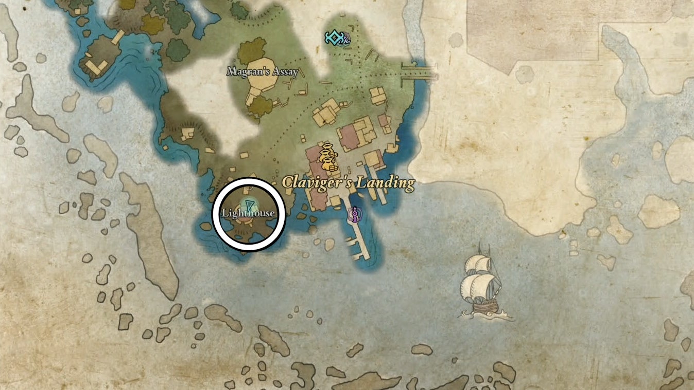 Circled map view of Captain Henqua&rsquo;s Spoils Treasure Map in Avowed.
