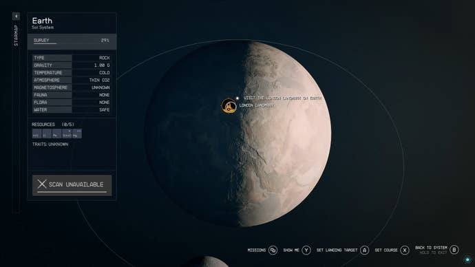 planet starmap view highlighting the london landmark landing spot in starfield