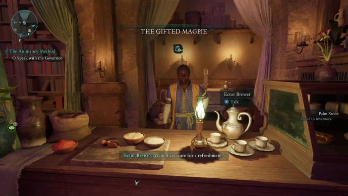 Shopkeeper Ector Brewer standing behind a counter in Avowed.