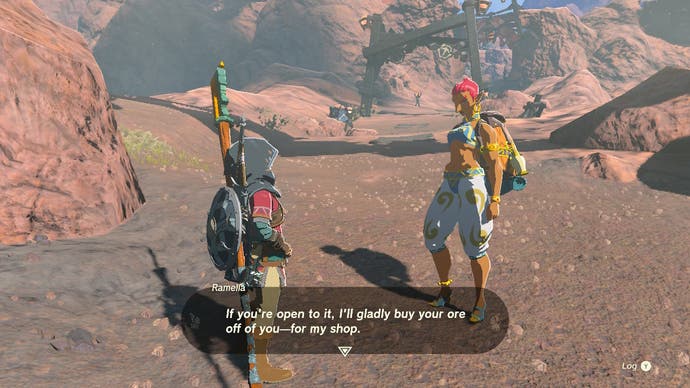 Link selling diamonds to Ramella in Goron City in The Legend of Zelda: Tears of the Kingdom.
