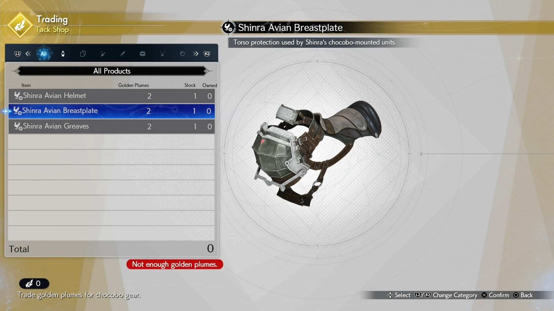 Browsing the Golden Plumes shop and Shinra gear at Bill&rsquo;s Chocobo Ranch in Final Fantasy 7 Rebirth.