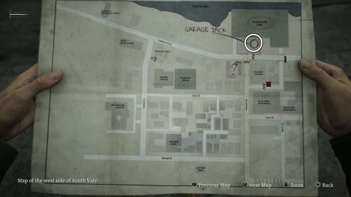 Circled location on the map of the garage in Silent Hill 2.