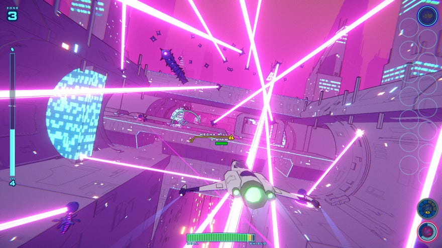 A spaceship flies through pink lasers in a screenshot from Whisker Squadron: Survivor