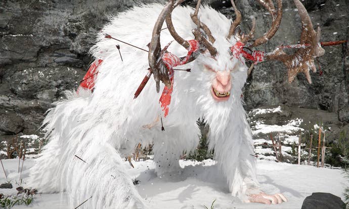 Crimson Desert screenshot showing white horned yeti-like monster in snow