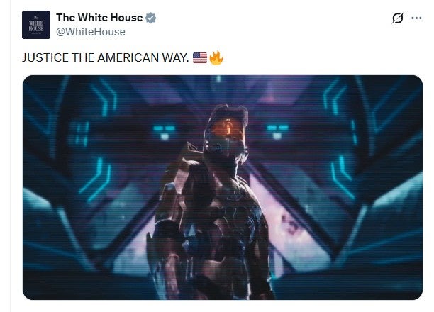White House social media posted headed Justice the American Way with a still showing Halo's Master Chief
