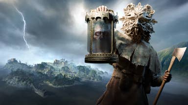 Artwork for Atomfall DLC Wicked Isle showing strangely masked figure holding a lantern and axe