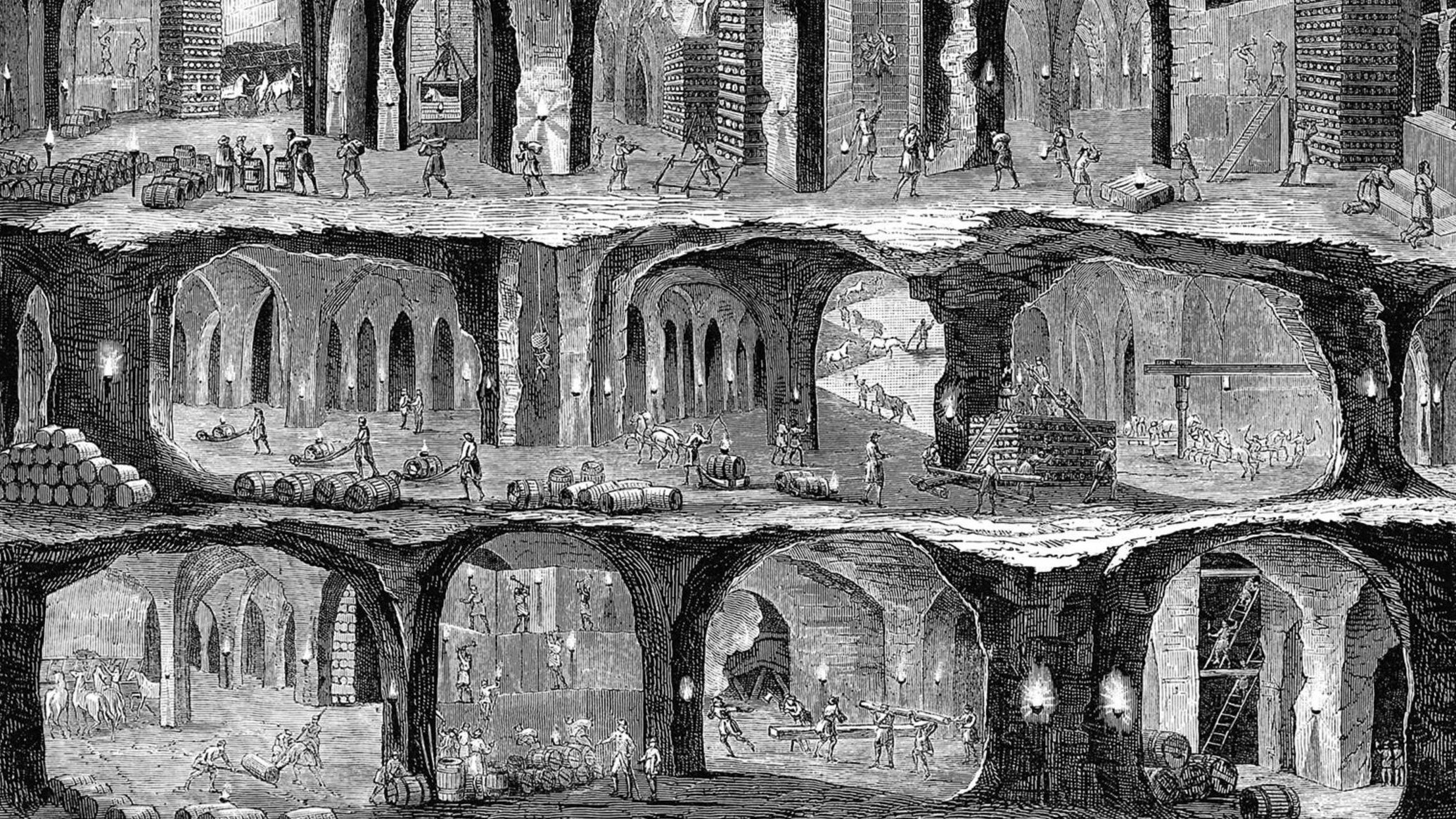 An old illustration of Wieliczka Salt Mine by Jules Rocault. - 1