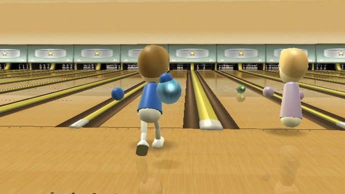 Two characters bowl beside each other in Wii Sports bowling