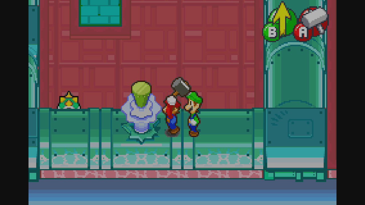 Best Mario Games - Mario and Luigi Superstar Saga screenshot showing Mario hitting an object with a mallet next to Luigi.