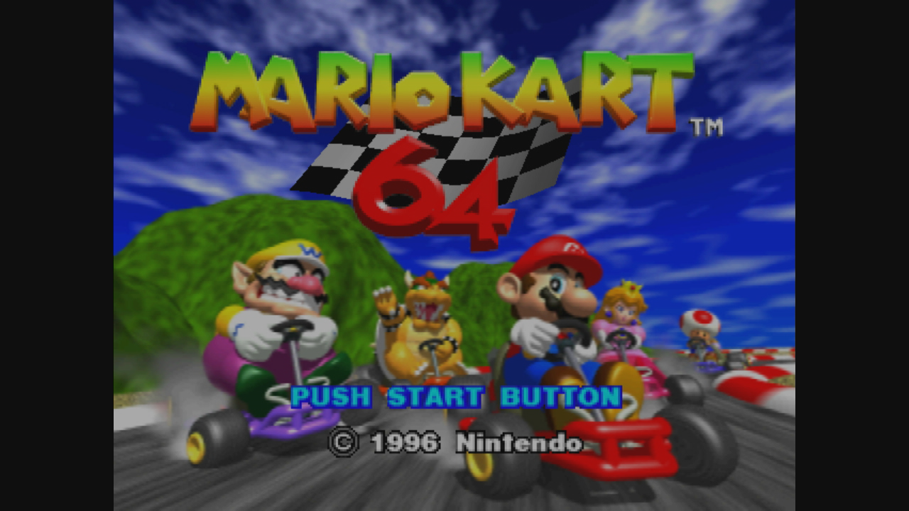 Mark Kart 64 start screen, showing a bunch of racers and the logo