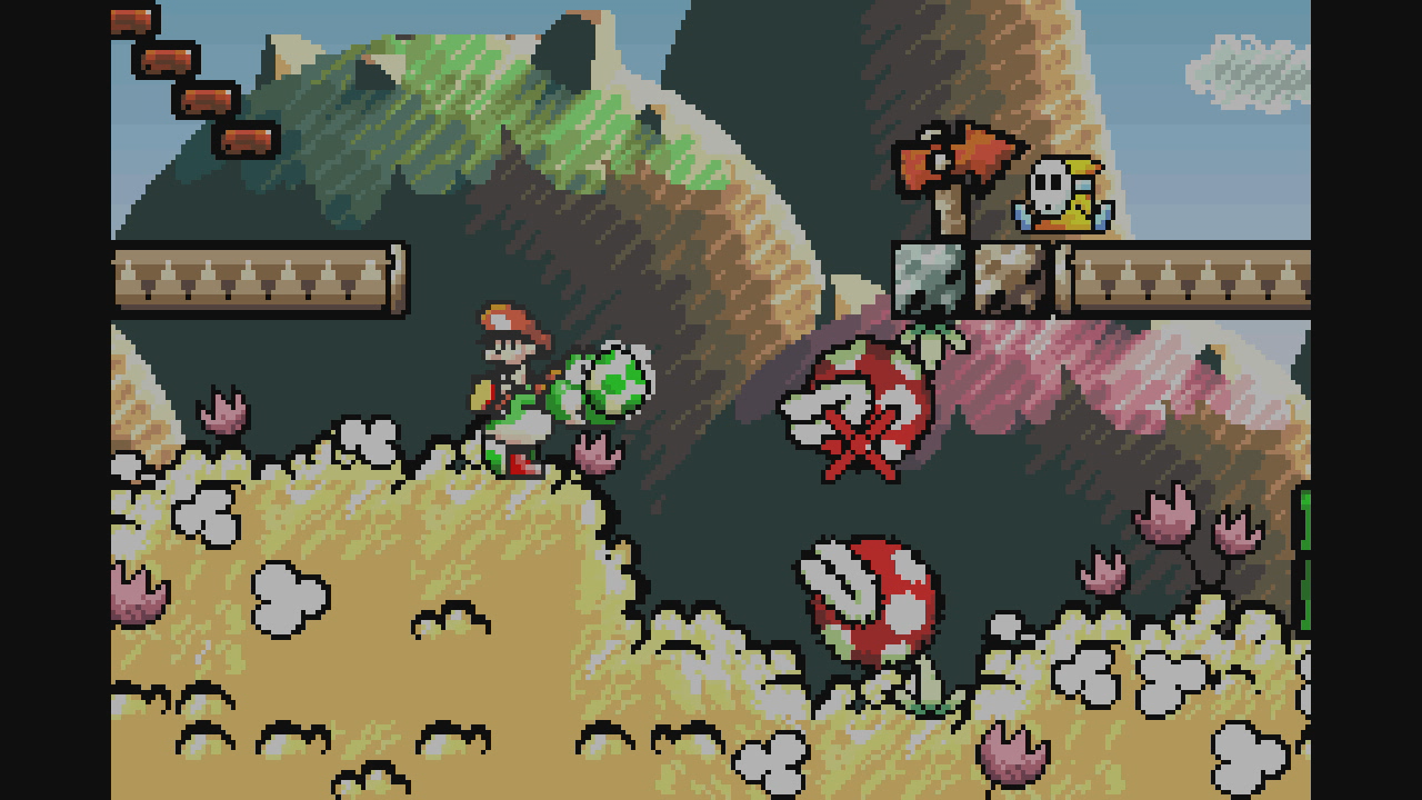 Best Super Mario Games - Screenshot from Yoshi&rsquo;s Island showing Mario and Yoshi fighting Pirhana Plants