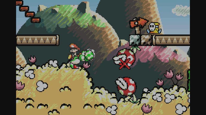 Best Super Mario Games - Screenshot from Yoshi's Island showing Mario and Yoshi fighting Pirhana Plants