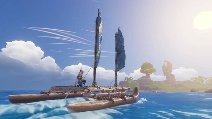 Screenshot from Windbound featuring woman on a raft