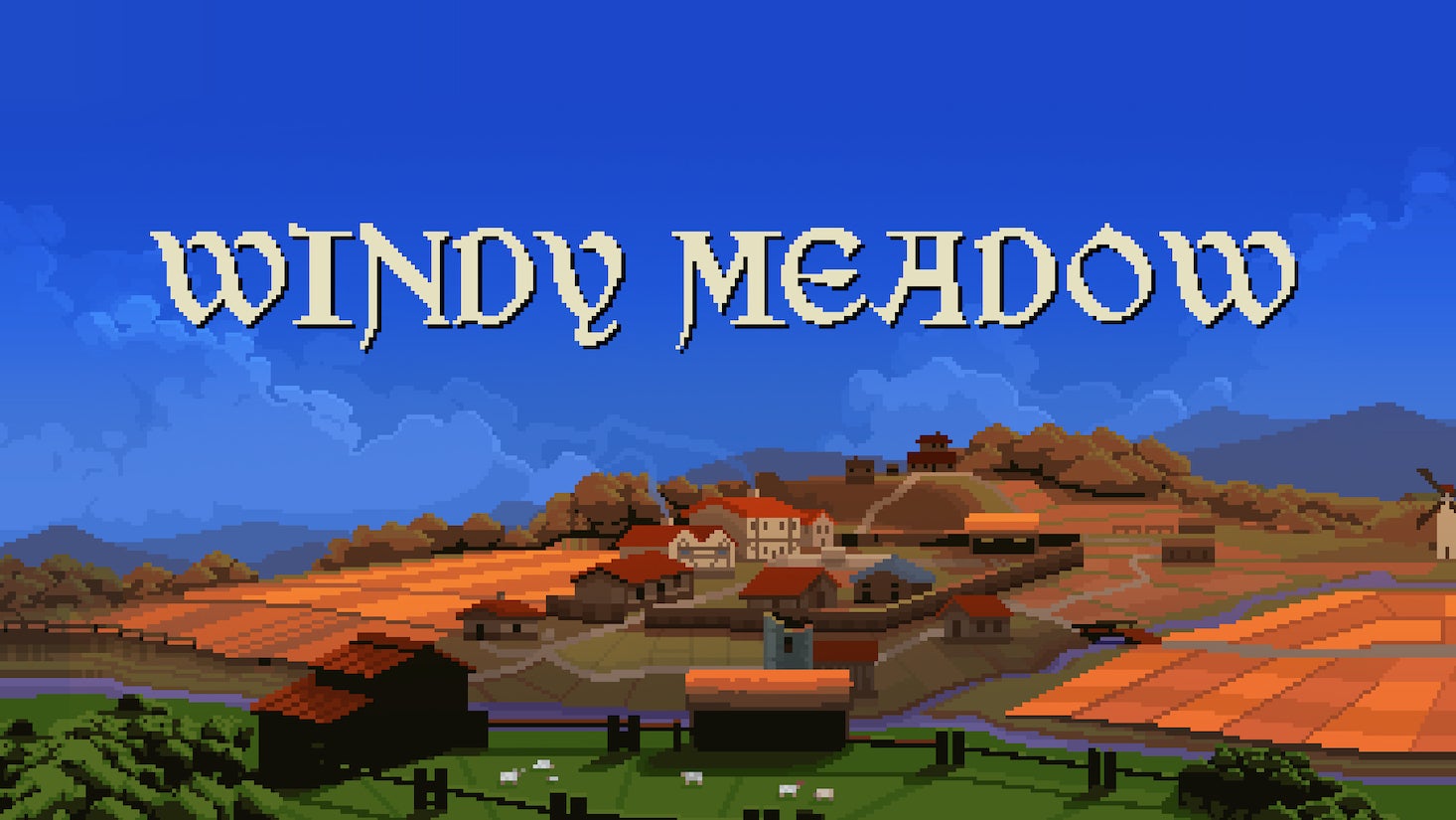 A logo for Windy Meadow sits atop peaceful pixel fields