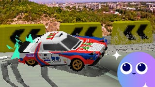 A retro race car swerves round a corner in Parking Garage Rally Circuit, with the Eurogamer Wishlisted logo in the bottom right corner.